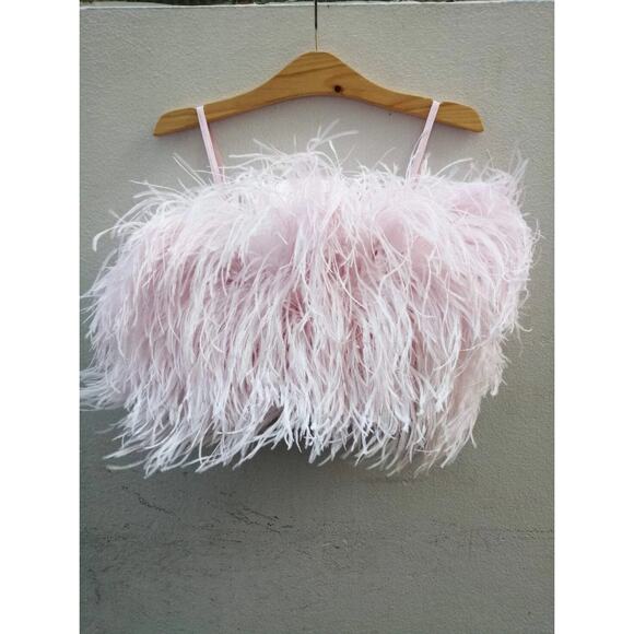 SGinstar Pink Ostrich Feather Fuzzy Sleeveless Cami Camisole Crop Tank Top Sz S - Picture 11 of 12